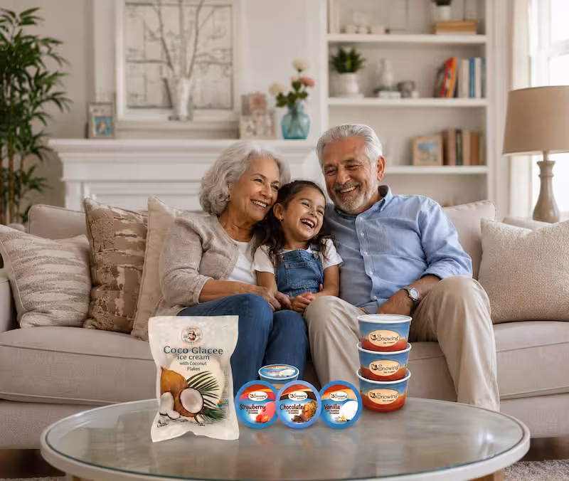 Happy grandparents and child with snack pack Ice cream